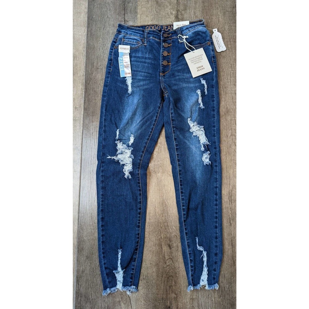 NWT Gogo Jeans High Rise Repreve Hole Jeans Size 5 Women's Blue Ripped Raw Hem